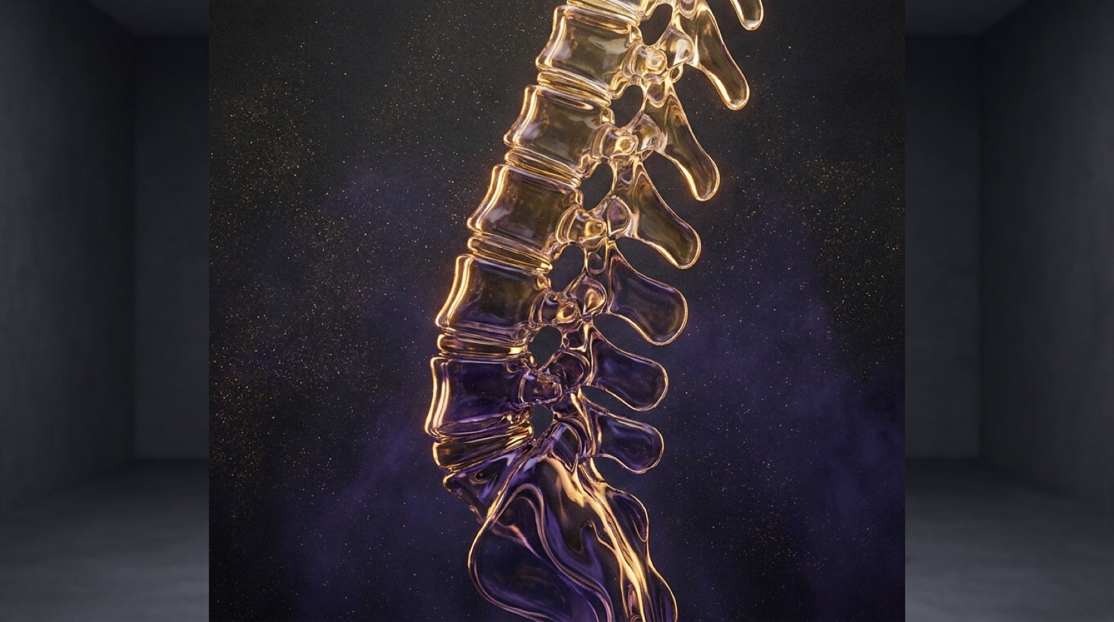 Translucent glass vertebrae in perfect alignment traced by warm gold rim light