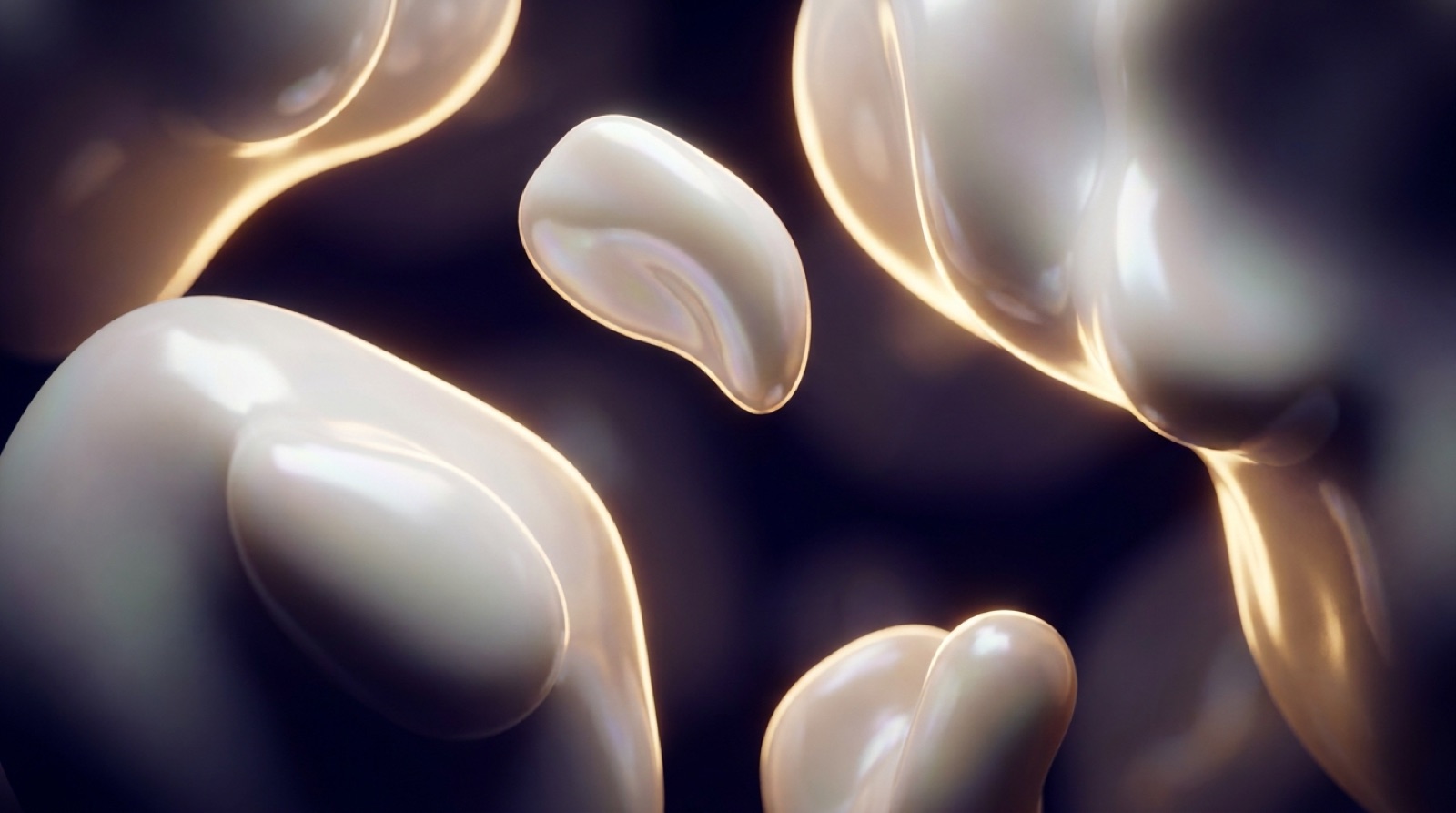 Luminous porcelain and pearl forms with warm gold edge light in violet shadow