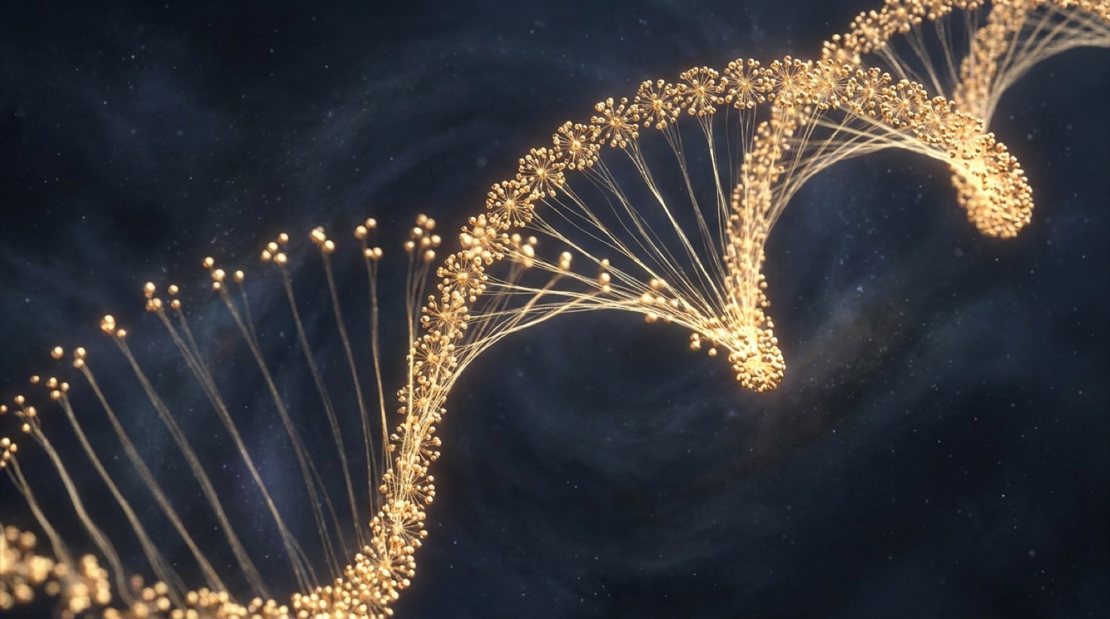 Golden molecular helix of glowing spheres floating in deep violet space